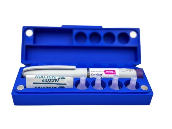 Pen Case Compatible with MounjaroÂ® & WegovyÂ® 0.25mg / 0.5mg Weight Loss GLP-1 Pens â€“ Hard Plastic Storage Box for Travel, Fridge or Home â€“ Holds Pen, Needle Tips & Swabs (Blue)